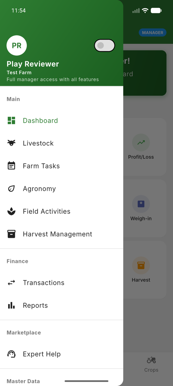 The menu drawer showing feature groups and the view switch