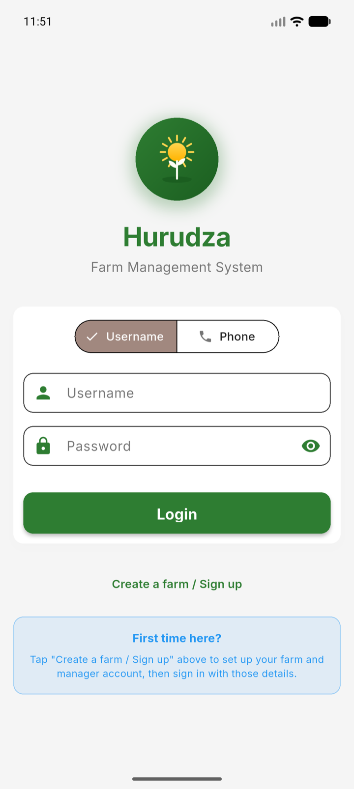 The Hurudza sign-in screen with username and password fields