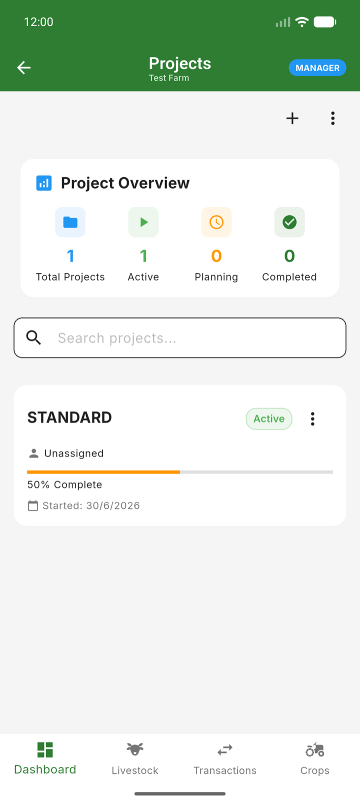 The Projects screen with overview counters and an active project card