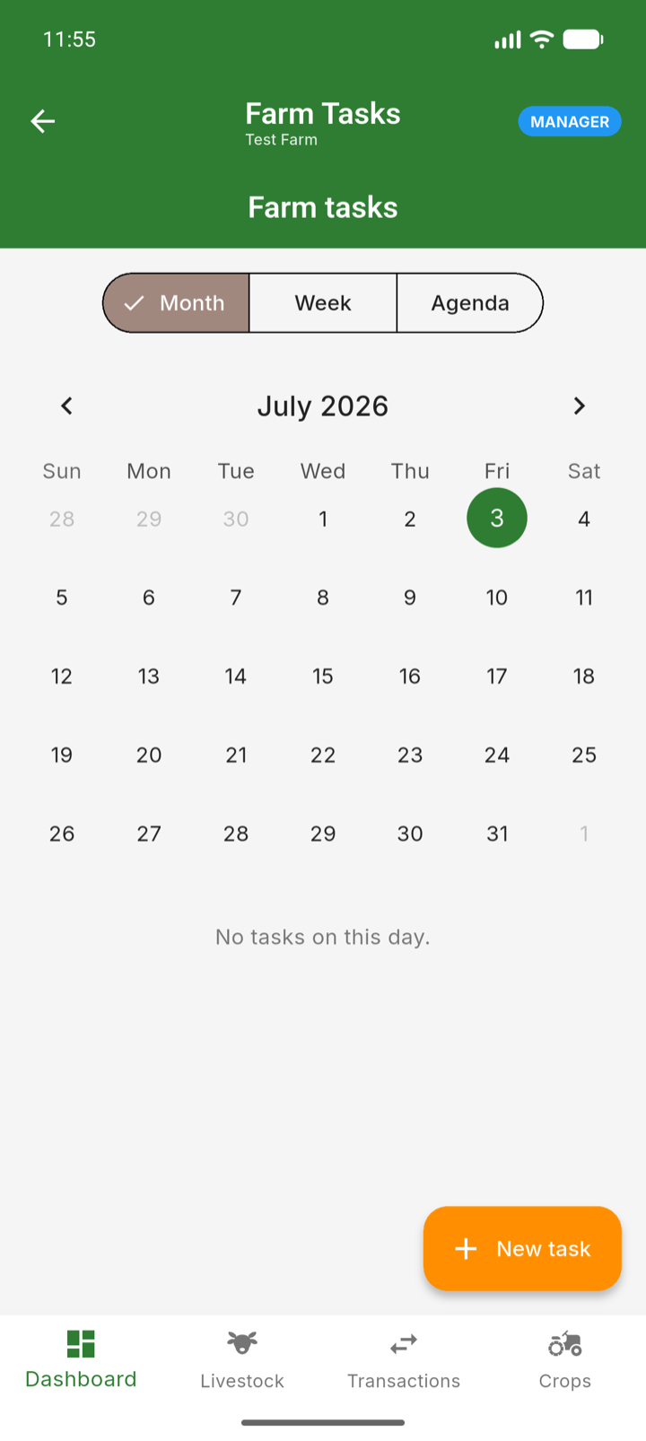 The Farm Tasks month calendar with the New task button